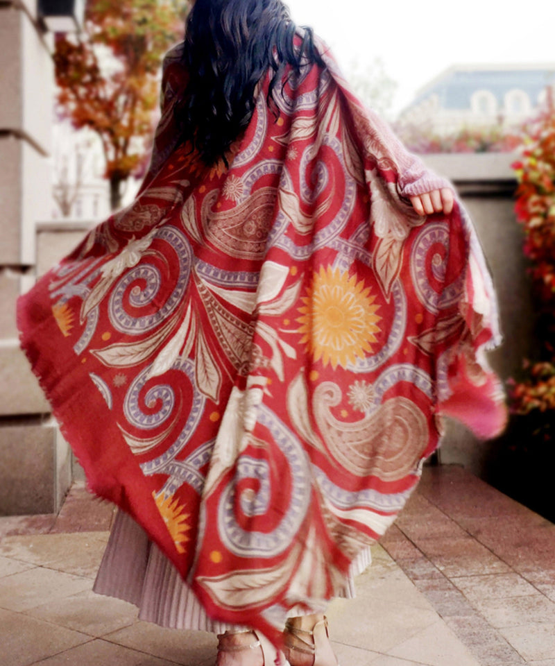 Red Print Wool Warm Scarf Shawl