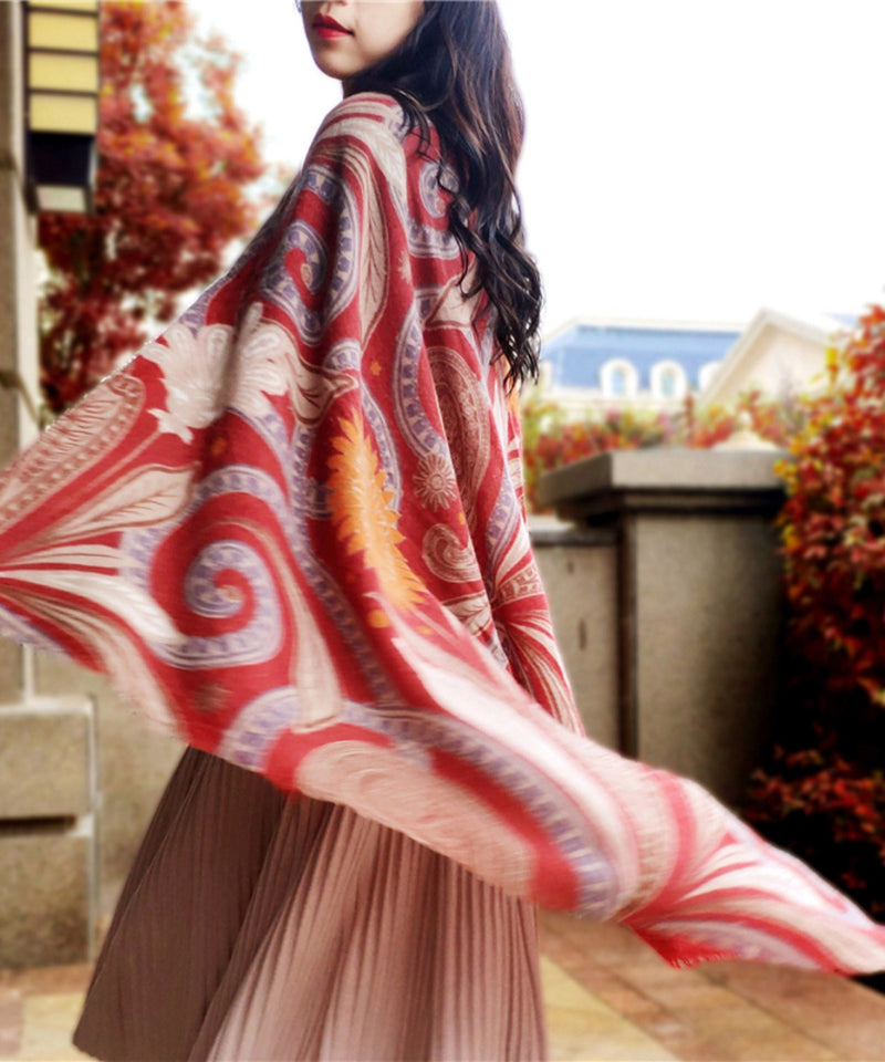 Red Print Wool Warm Scarf Shawl