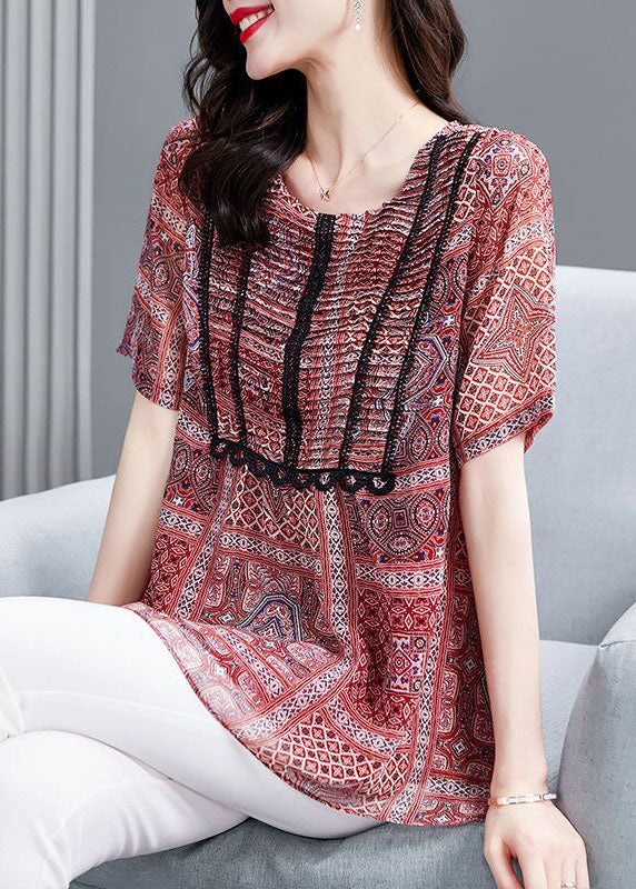 Red Print Wrinkled Chiffon Blouse Top Summer