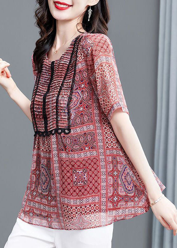 Red Print Wrinkled Chiffon Blouse Top Summer