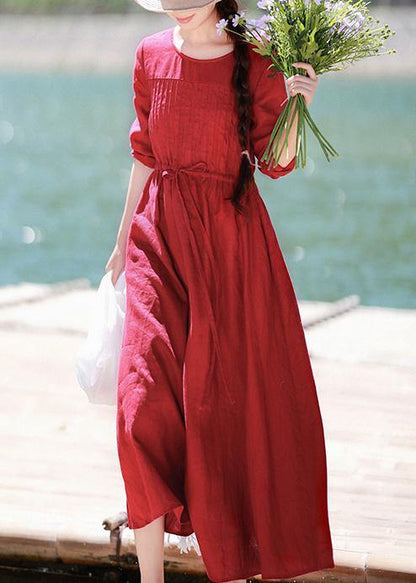 Red Quilting Clothes O Neck Drawstring Kaftan Spring Dresses