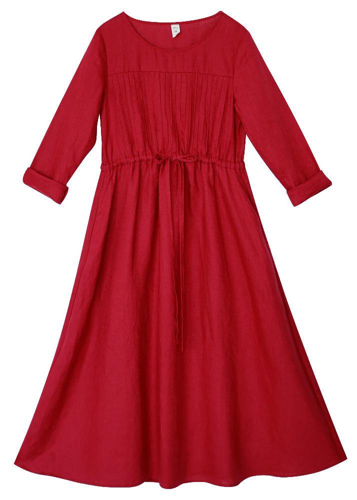 Red Quilting Clothes O Neck Drawstring Kaftan Spring Dresses