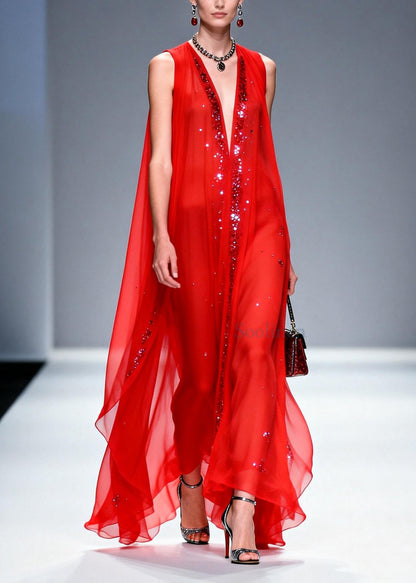 Red Rhinestone Exra Large Hem Chiffon Party Dresses Sleeveless