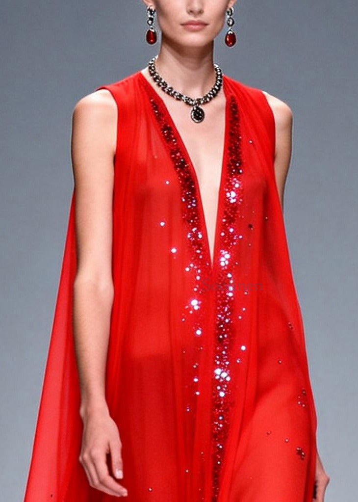 Red Rhinestone Exra Large Hem Chiffon Party Dresses Sleeveless