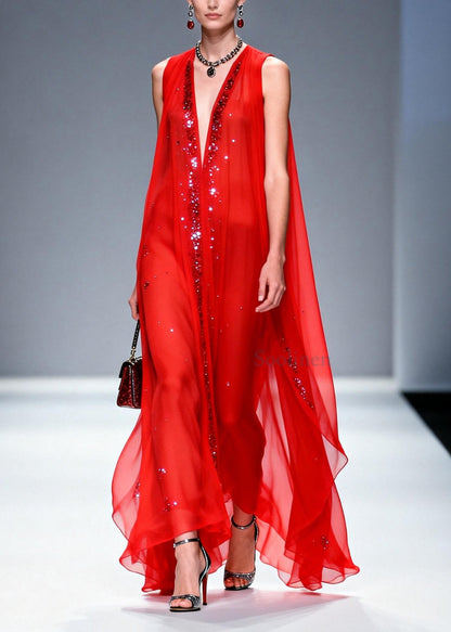 Red Rhinestone Exra Large Hem Chiffon Party Dresses Sleeveless