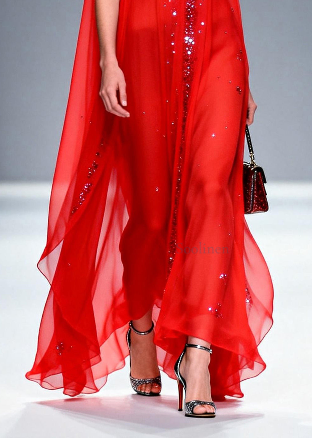 Red Rhinestone Exra Large Hem Chiffon Party Dresses Sleeveless
