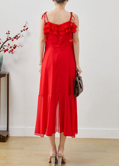 Red Ruffled Side Open Chiffon Cami Dresses Summer