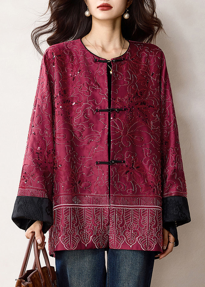 Red Sequins Patchwork Pockets Coats Winter
