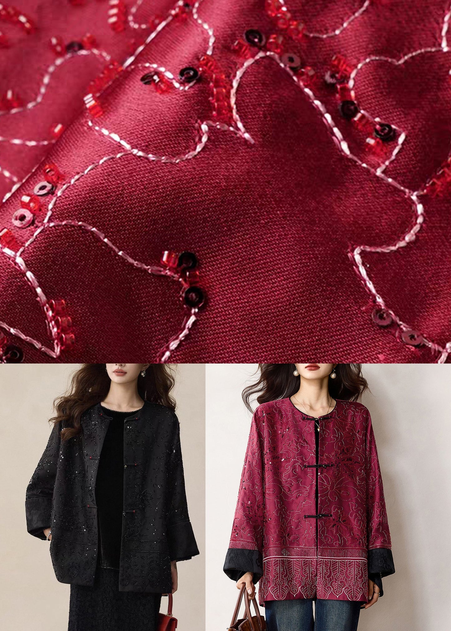 Red Sequins Patchwork Pockets Coats Winter