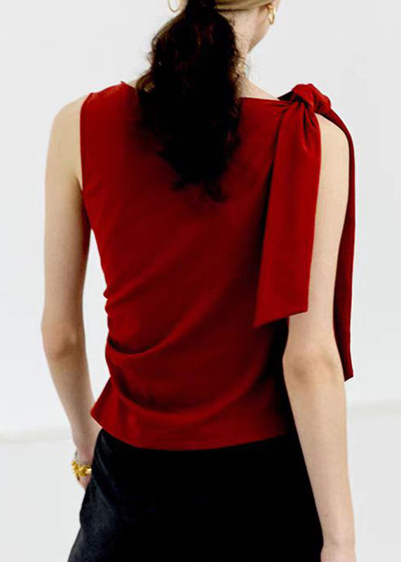 Red Slash Neck Bow Wrinkled Top Sleeveless