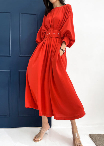 Red Slash Neck Pockets Sashes Silk Vacation Pleated Dresses Batwing Sleeve