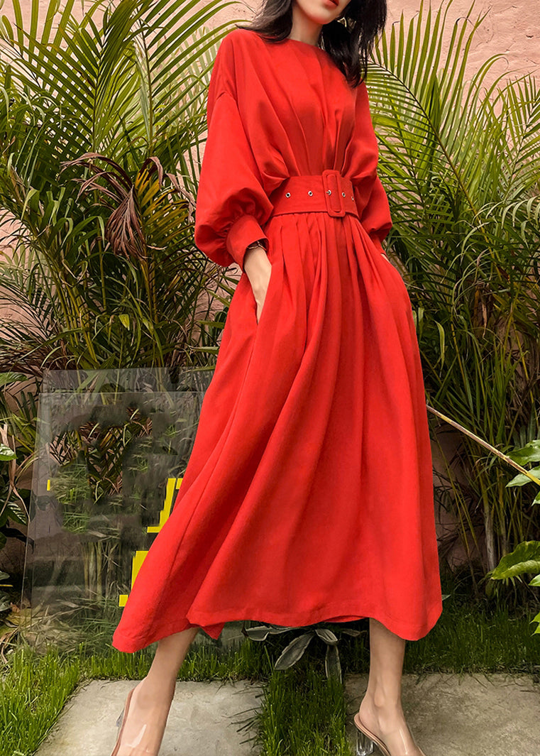 Red Slash Neck Pockets Sashes Silk Vacation Pleated Dresses Batwing Sleeve