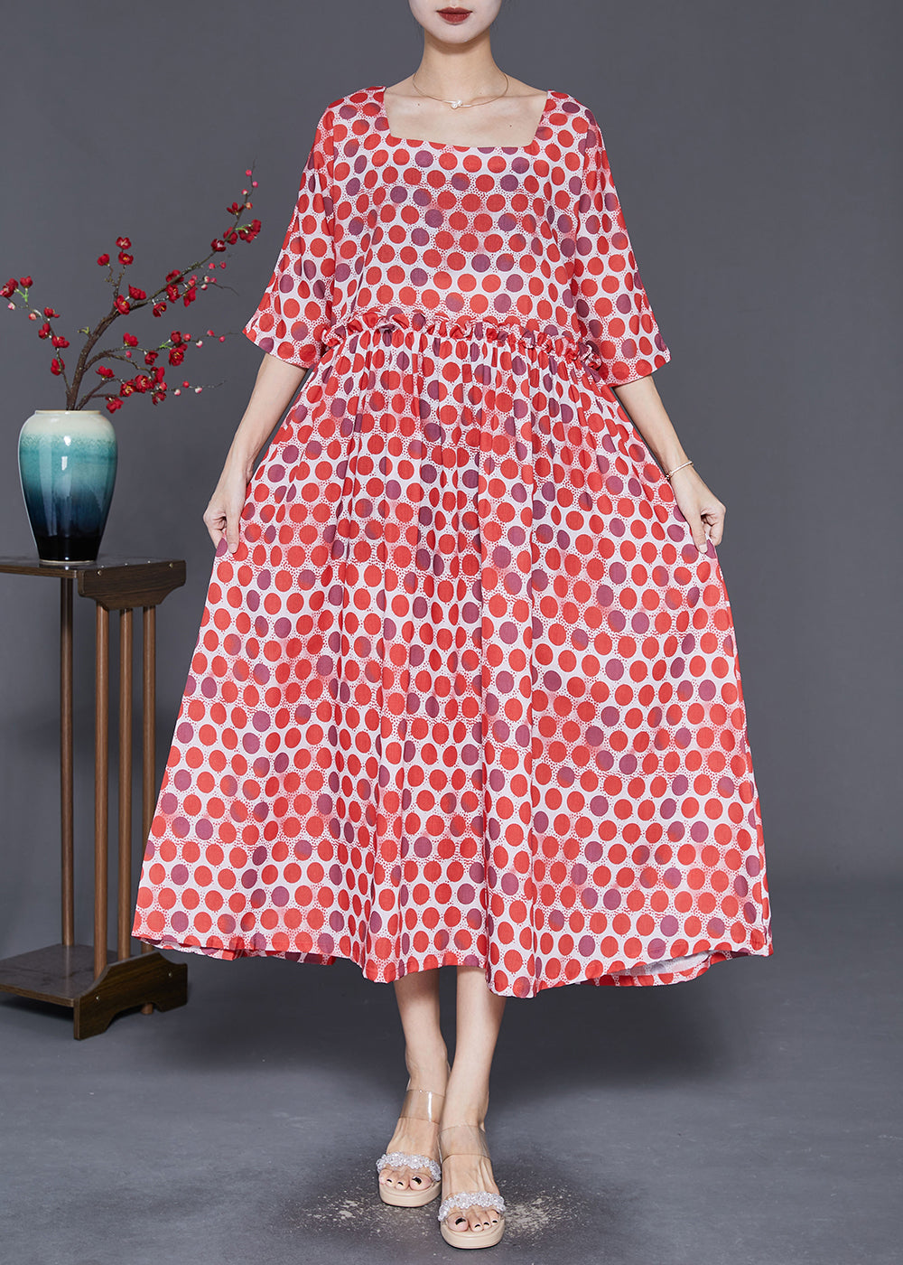 Red Square Collar Ruffled Print Robe Dresses Half Sleeve