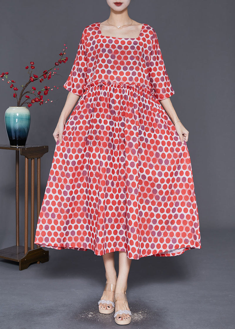 Red Square Collar Ruffled Print Robe Dresses Half Sleeve