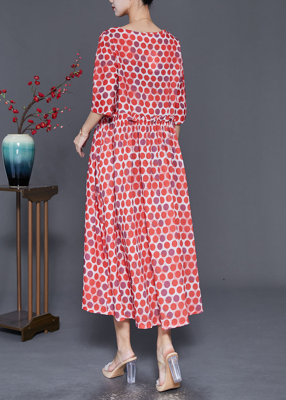 Red Square Collar Ruffled Print Robe Dresses Half Sleeve