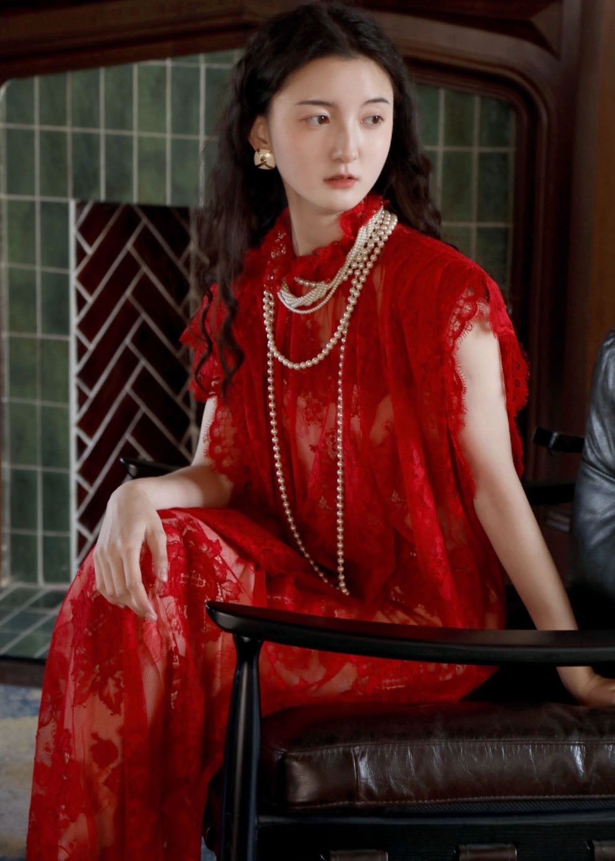Red Stand Collar Hollow Out Lace Maxi Dresses Short Sleeve