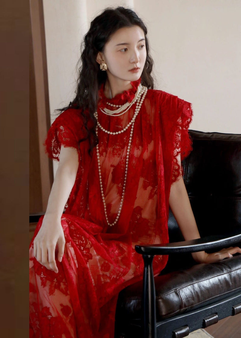 Red Stand Collar Hollow Out Lace Maxi Dresses Short Sleeve