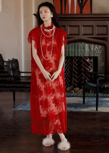 Red Stand Collar Hollow Out Lace Maxi Dresses Short Sleeve