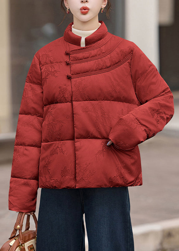Red Stand Collar Jacquard Duck Down Puffers Jackets Winter