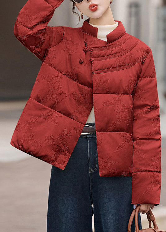 Red Stand Collar Jacquard Duck Down Puffers Jackets Winter
