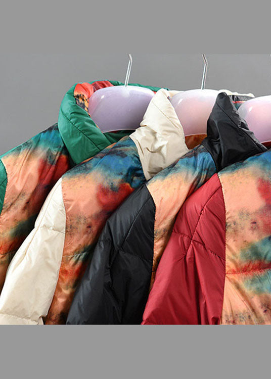 Red Stand Collar Pockets Print Asymmetrical Design Winter Down Coat