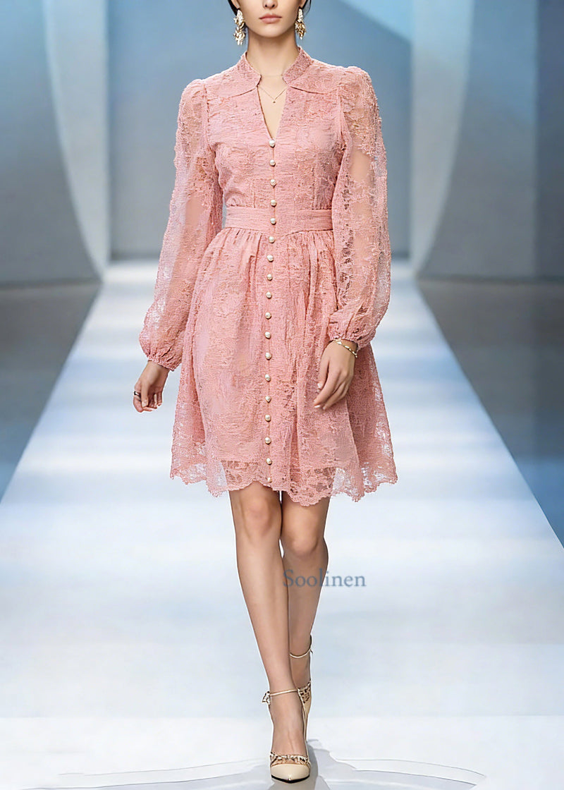 Red Stand Collar Tunic Tulle Mid Dress Lantern Sleeve