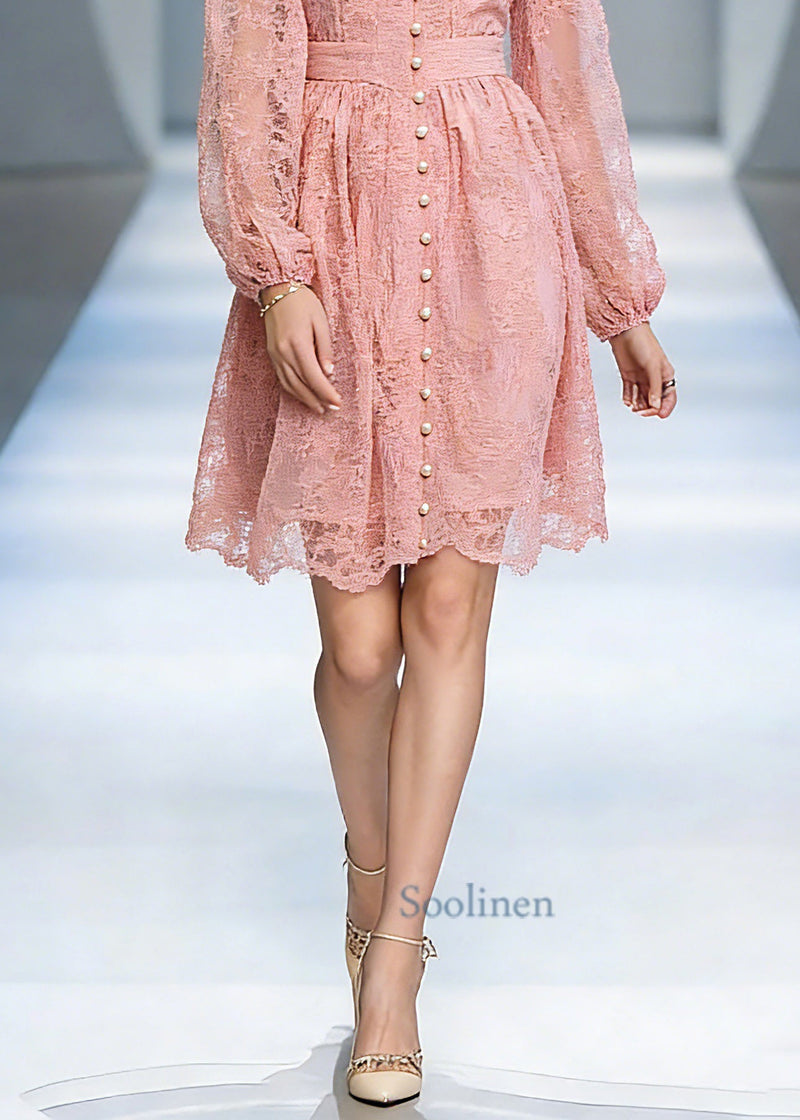 Red Stand Collar Tunic Tulle Mid Dress Lantern Sleeve