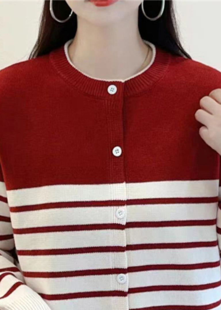 Red Striped Button Knit Cardigan Fall