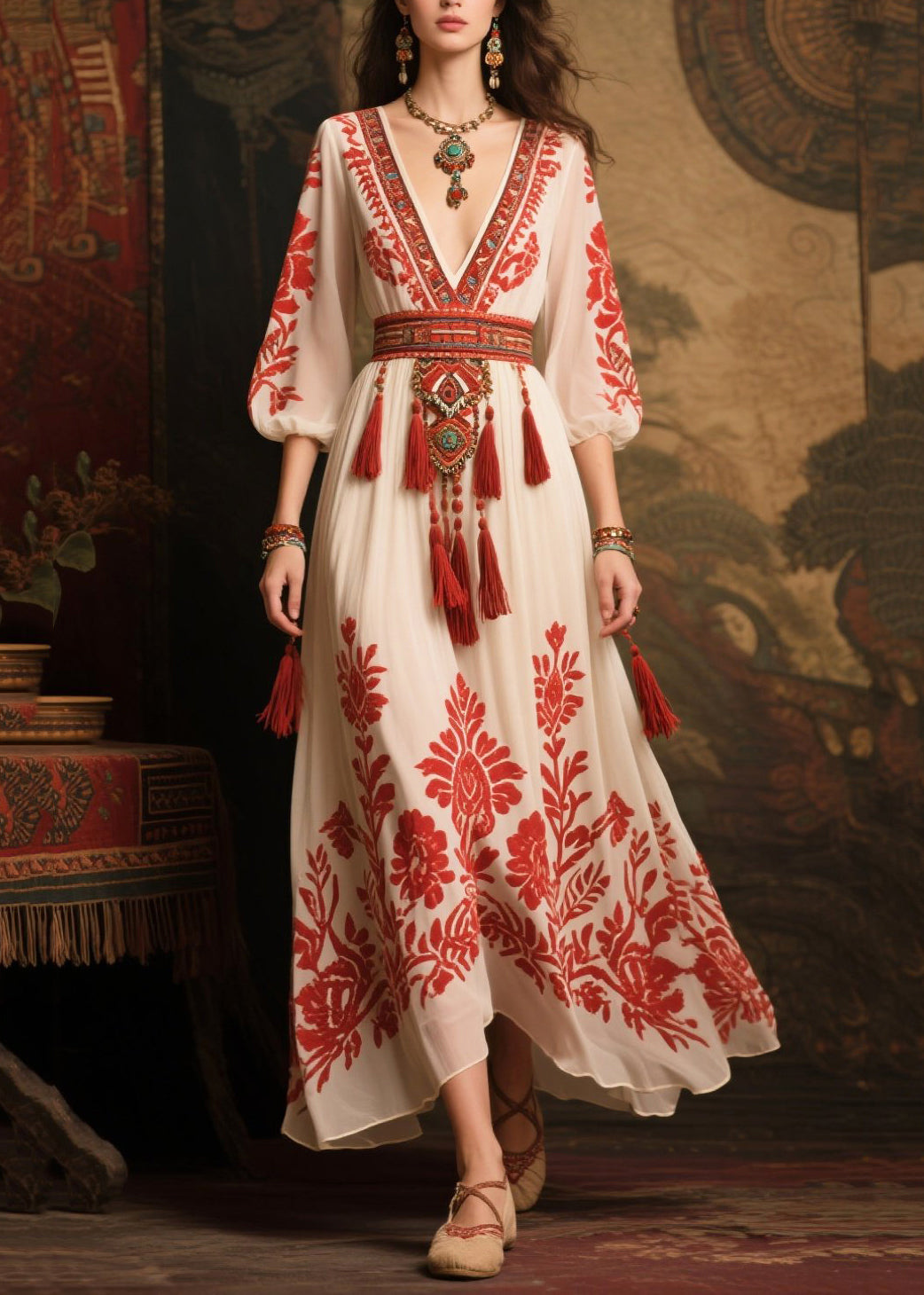 Red Tasseled Print Chiffon Dress Lantern Sleeve