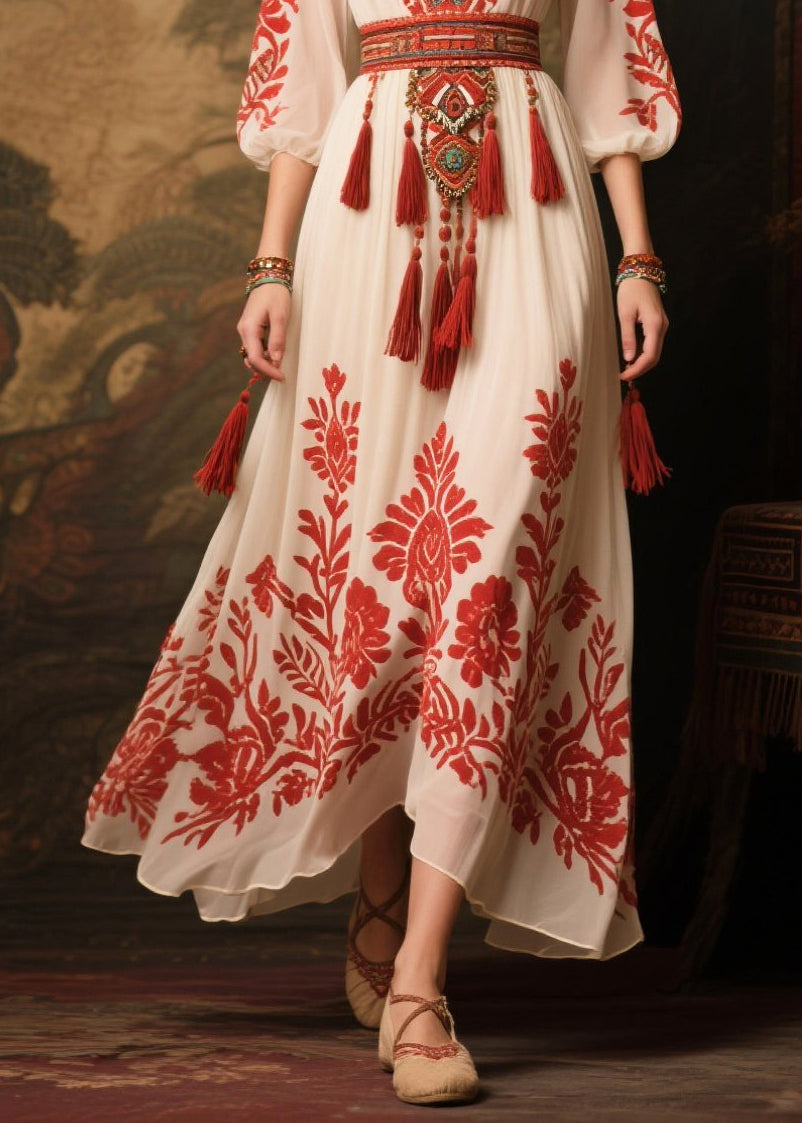 Red Tasseled Print Chiffon Dress Lantern Sleeve