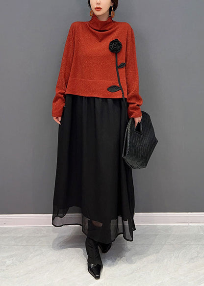 Red Turtle Neck Patchwork Tulle Fake Two Piece Dresses Spring