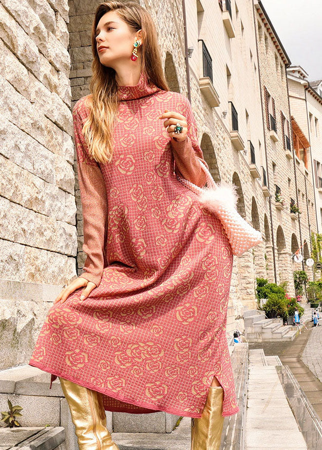 Red Turtleneck Jacquard Warm Wool Knit Sweater Dress Long Sleeve