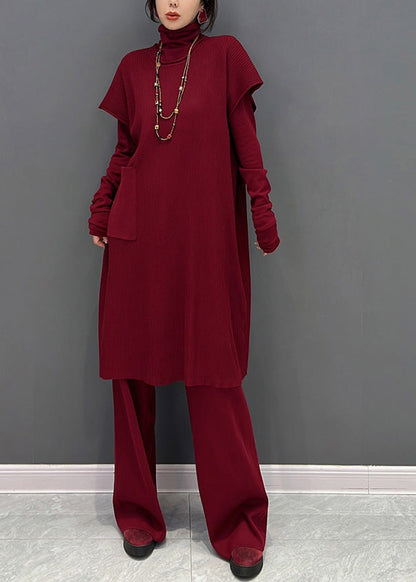 Red Turtleneck Knit Waistcoat and Pants Two Piece Set Winter