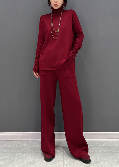 Red Turtleneck Knit Waistcoat and Pants Two Piece Set Winter
