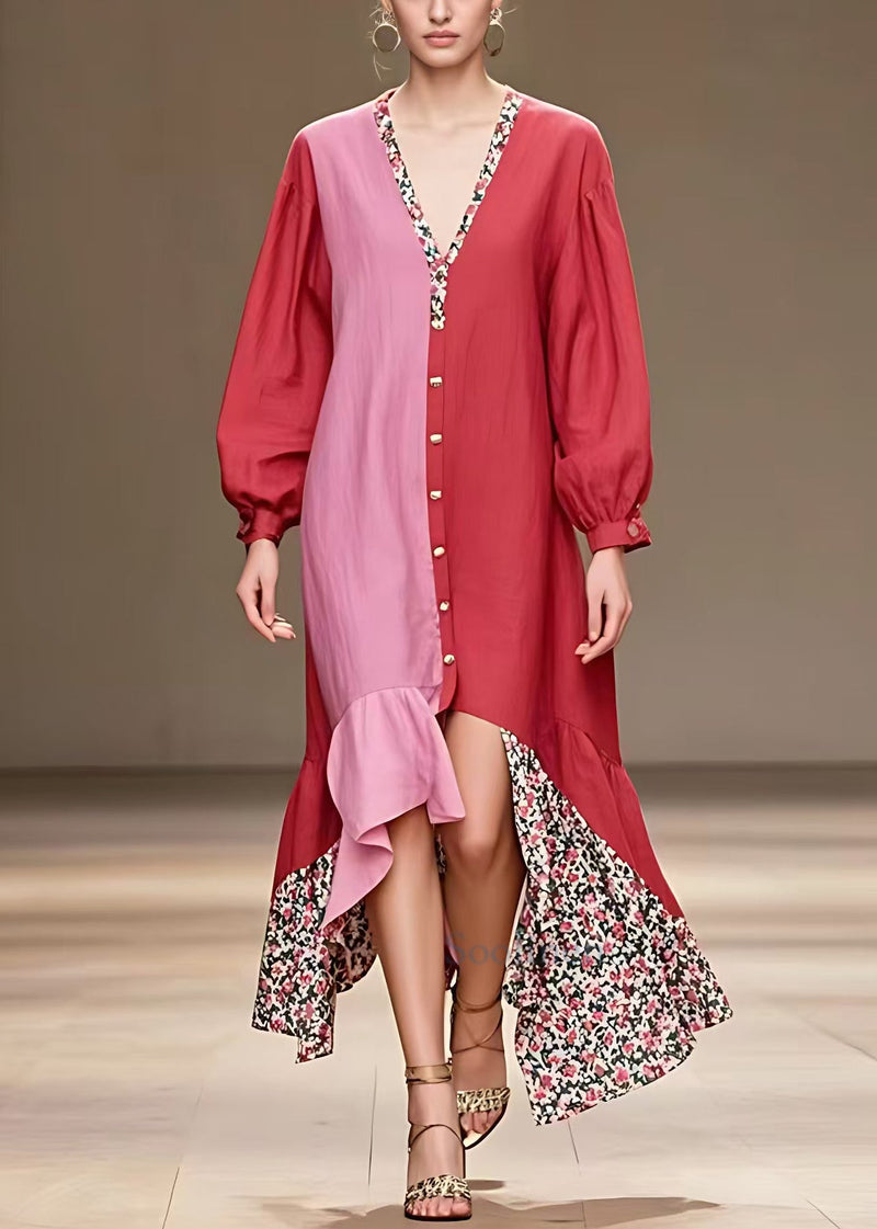 Red V Neck Button Print Cotton Dress Long Sleeve