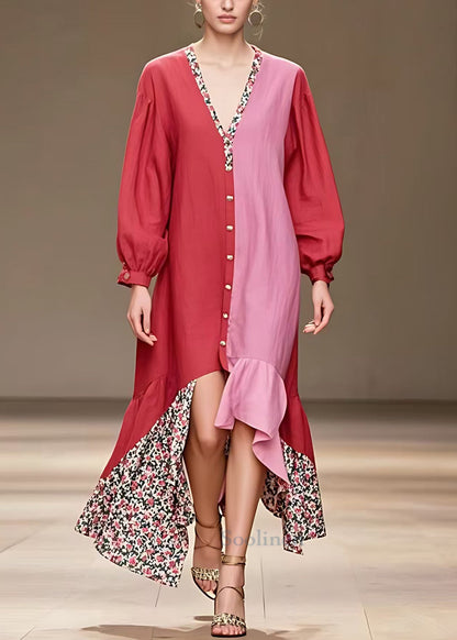 Red V Neck Button Print Cotton Dress Long Sleeve