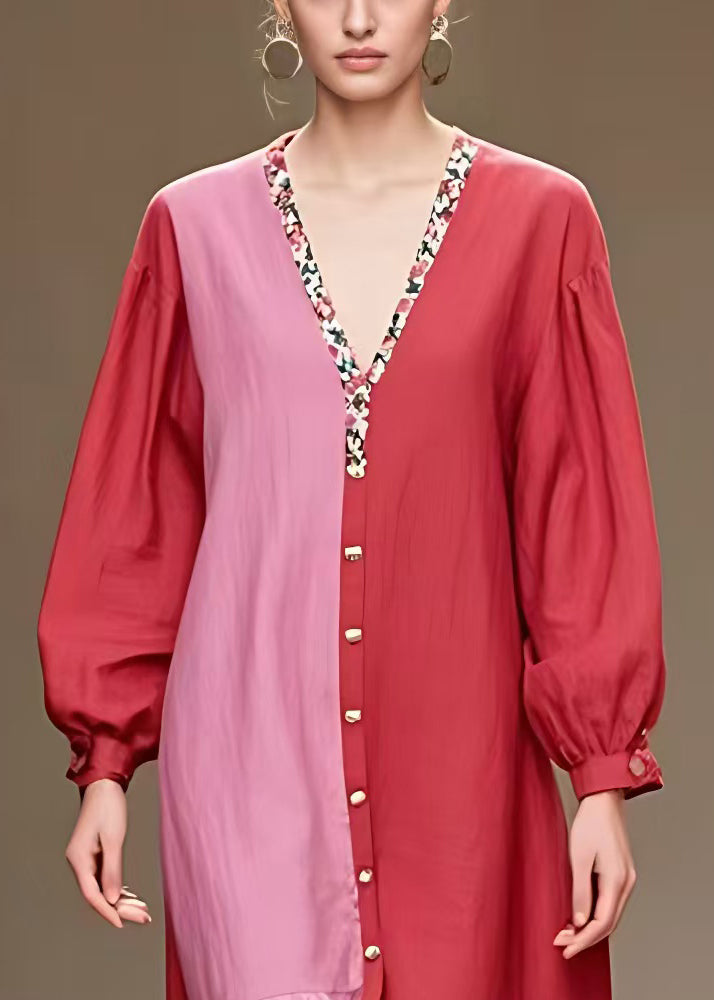 Red V Neck Button Print Cotton Dress Long Sleeve