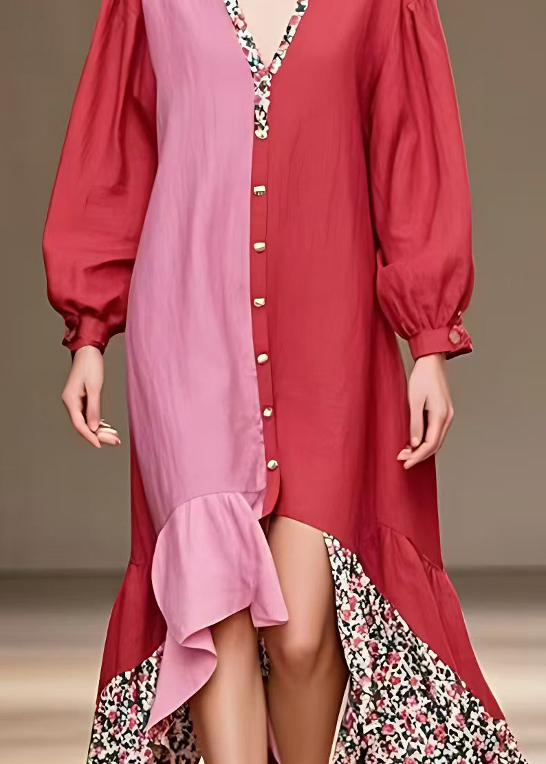 Red V Neck Button Print Cotton Dress Long Sleeve