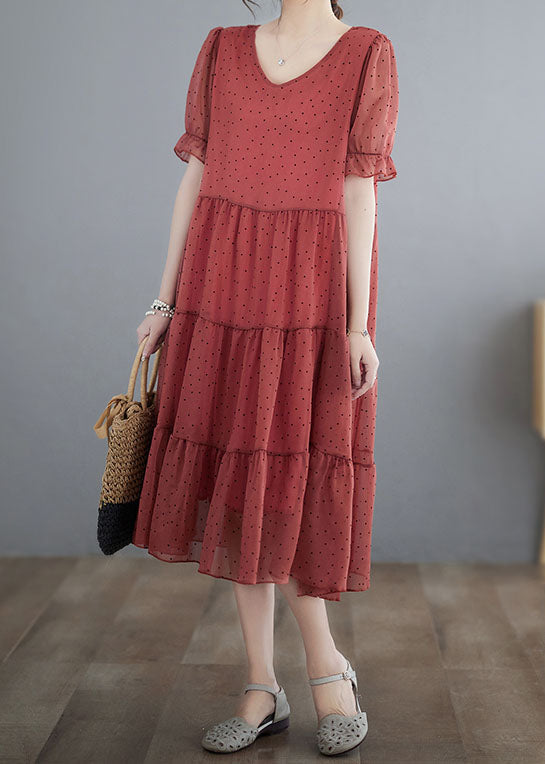 Red V Neck Dot Print Patchwork Chiffon Dresses Summer