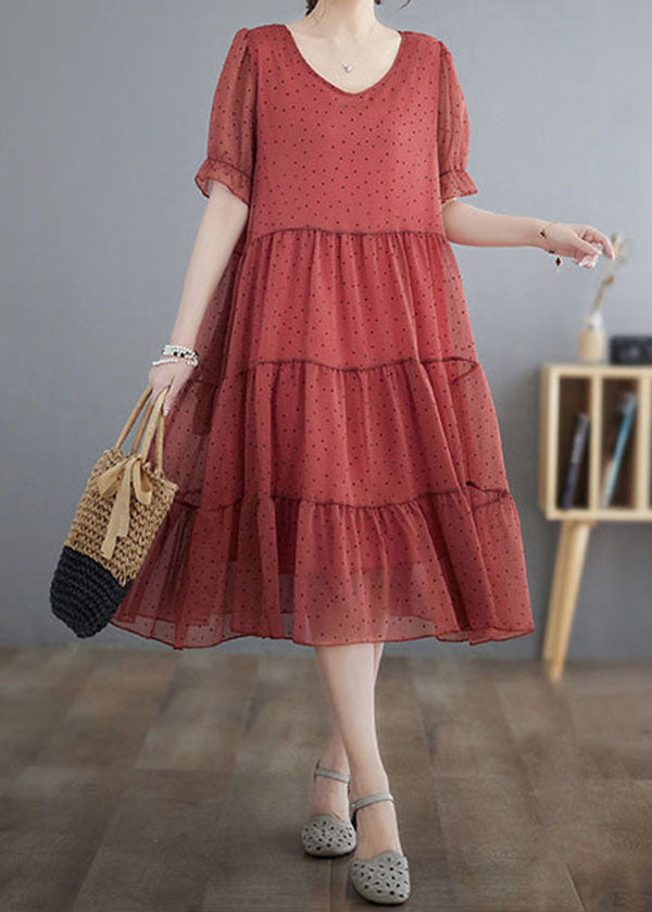Red V Neck Dot Print Patchwork Chiffon Dresses Summer