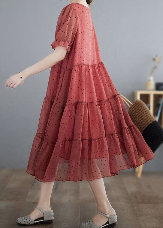 Red V Neck Dot Print Patchwork Chiffon Dresses Summer