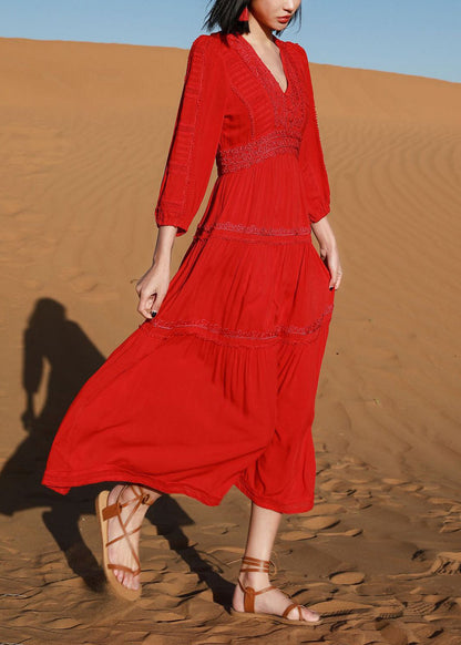 Red V Neck Embroidered Cotton Long Dresses Bracelet Sleeve