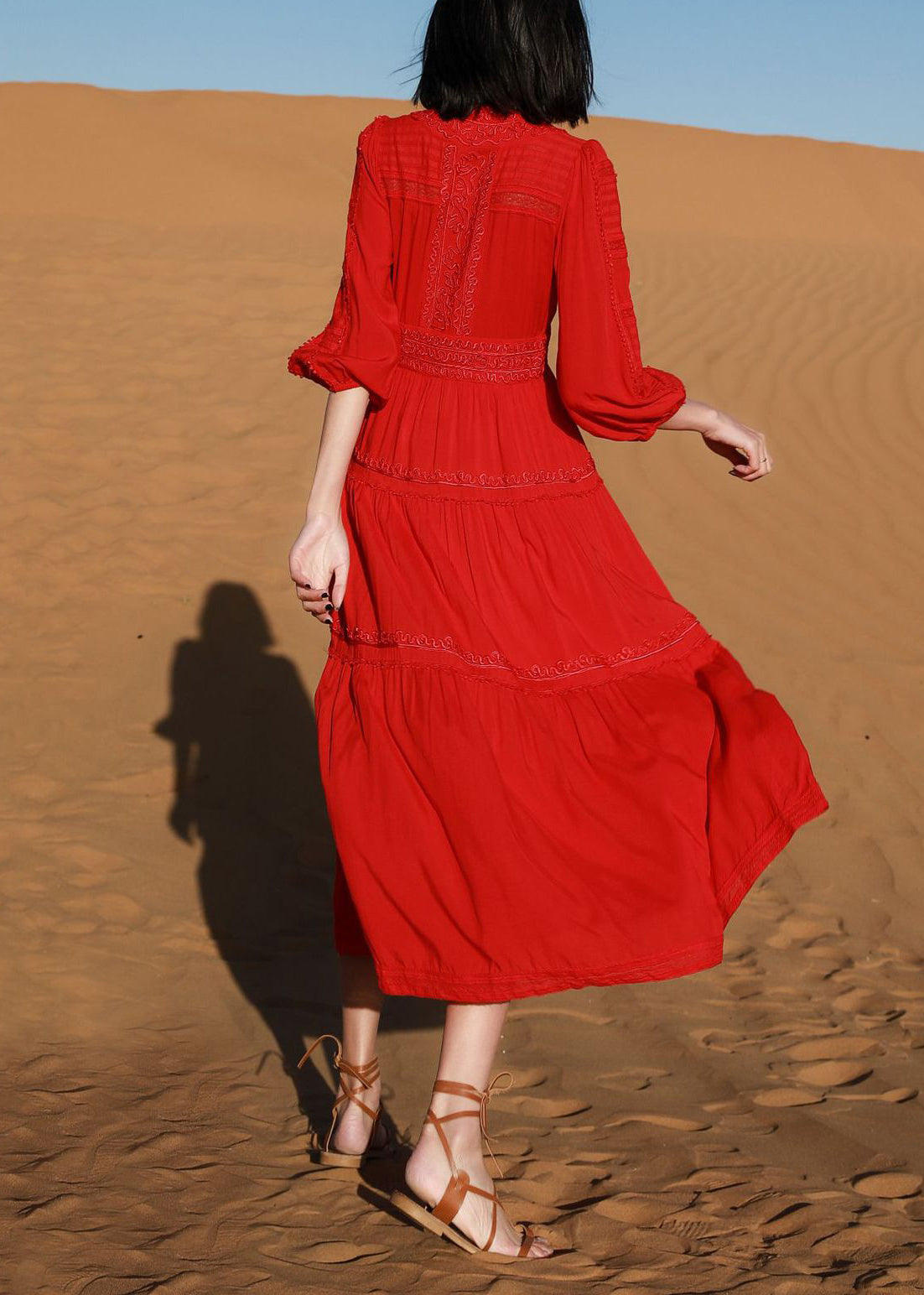 Red V Neck Embroidered Cotton Long Dresses Bracelet Sleeve