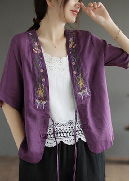 Red V Neck Embroideried Tie Waist Linen Top Short Sleeve