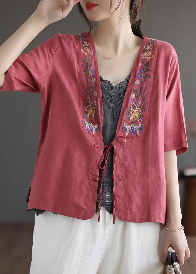 Red V Neck Embroideried Tie Waist Linen Top Short Sleeve