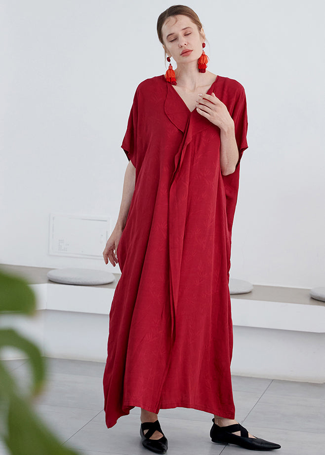 Red V Neck Jacquard Patchwork Cotton Robe Dresses Summer
