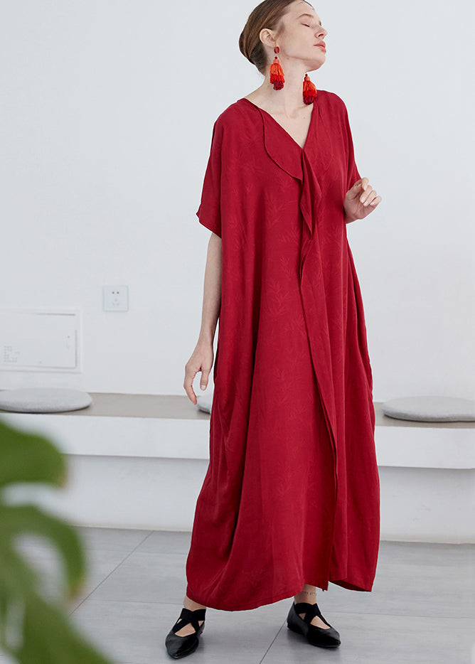 Red V Neck Jacquard Patchwork Cotton Robe Dresses Summer
