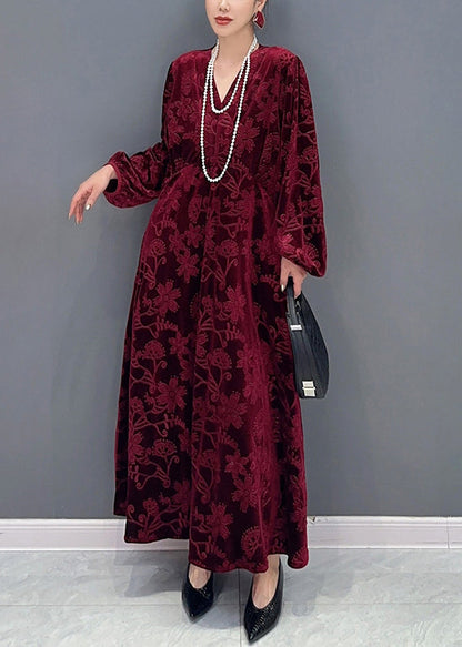Red V Neck Jacquard Patchwork Velour Dresses Fall