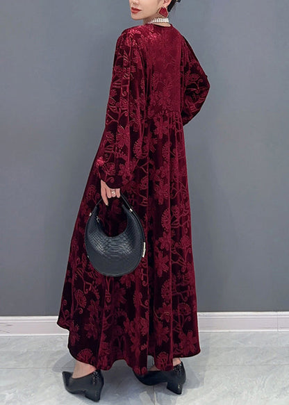 Red V Neck Jacquard Patchwork Velour Dresses Fall