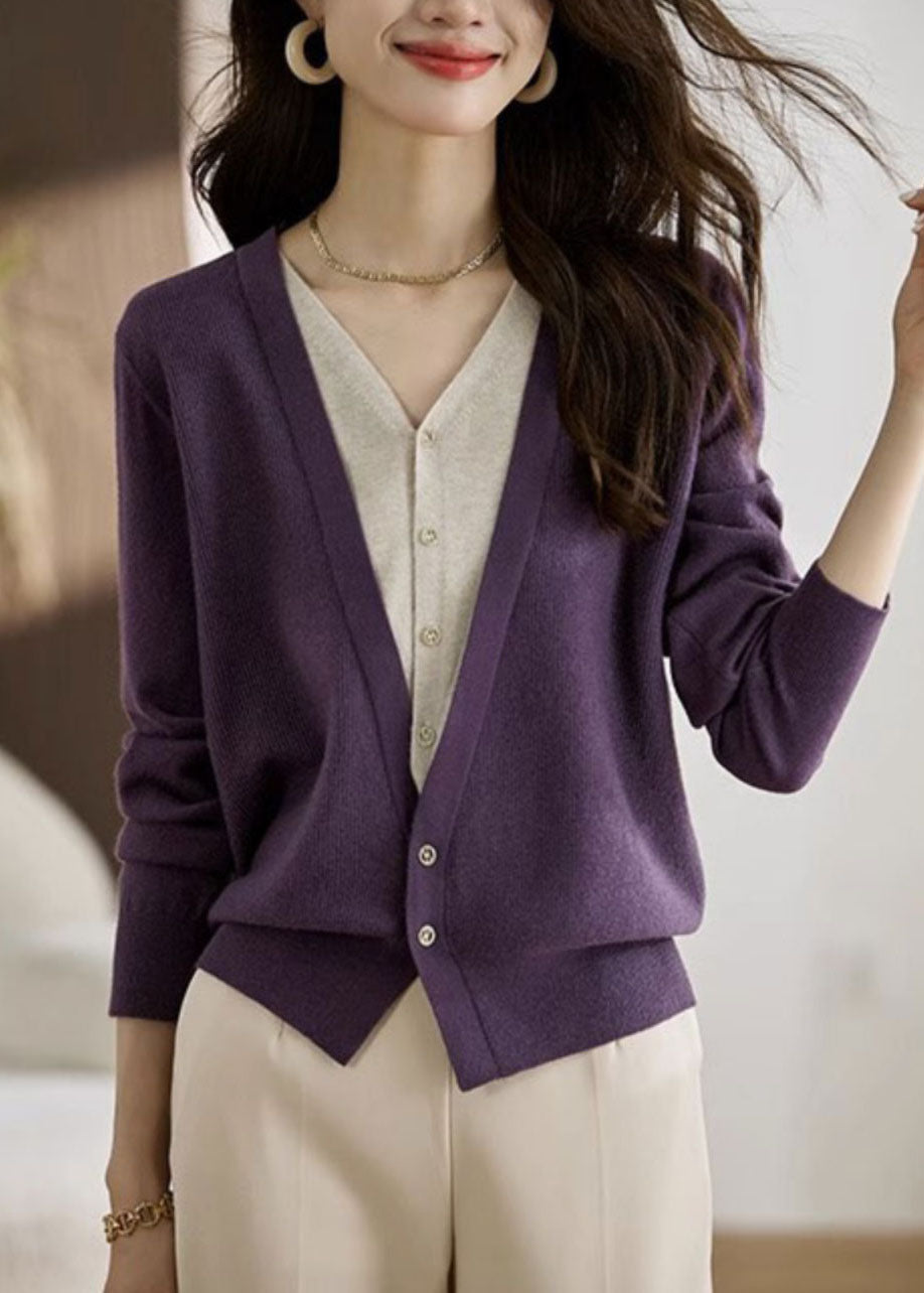 Red V Neck Patchwork False Two Pieces Knit Coat Spring